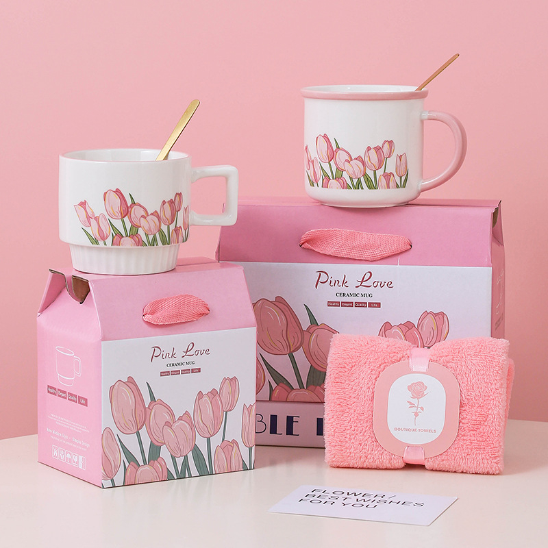 Tulip keraminis puodelis su šaukšteliu – dviejų puodelių rinkinys dovanų dėžutėje su logotipu kaip suvenyras