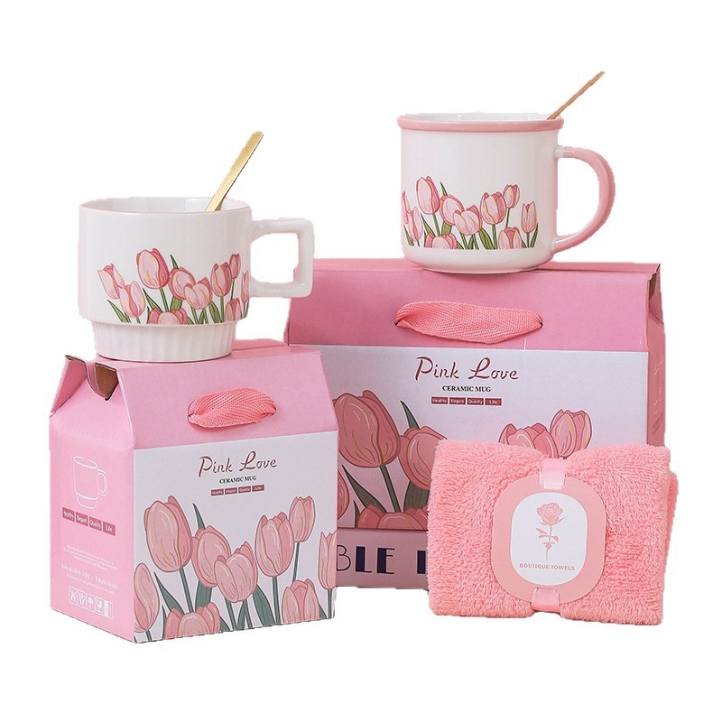 Tulip keraminis puodelis su šaukšteliu – dviejų puodelių rinkinys dovanų dėžutėje su logotipu kaip suvenyras