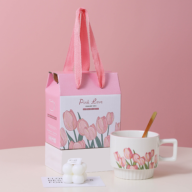 Tulip keraminis puodelis su šaukšteliu – dviejų puodelių rinkinys dovanų dėžutėje su logotipu kaip suvenyras