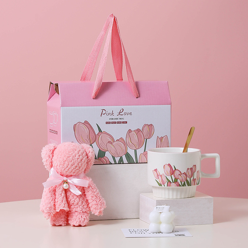 Tulip keraminis puodelis su šaukšteliu – dviejų puodelių rinkinys dovanų dėžutėje su logotipu kaip suvenyras