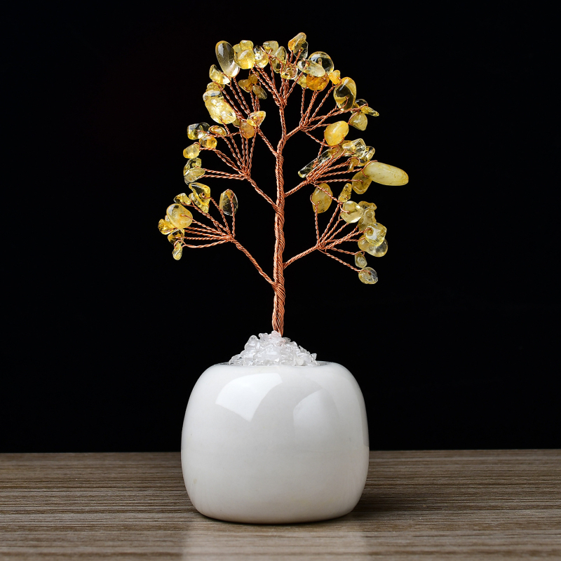 Raha puu ornament — roosa kristall, kingituskarp, kaasaegne minimalistlik stiil