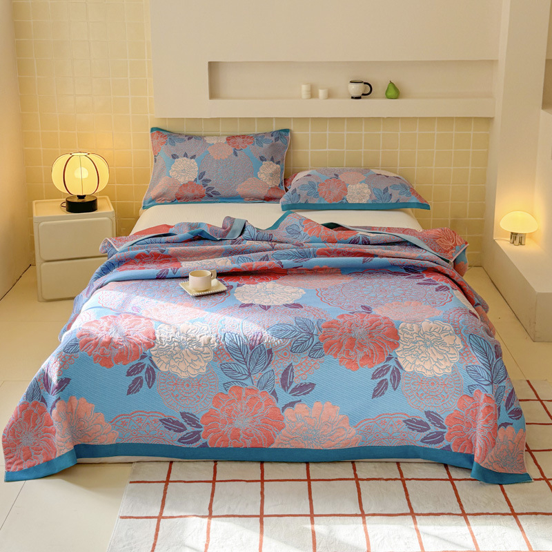 Комплект от трислоен памучен марля одеяло — 1.1–1.5 кг, 100% памук, марля плат, пасторален стил с растителен принт, реактивно печатане и боядисване