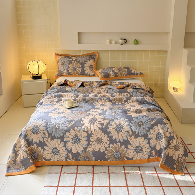 Комплект от трислоен памучен марля одеяло — 1.1–1.5 кг, 100% памук, марля плат, пасторален стил с растителен принт, реактивно печатане и боядисване