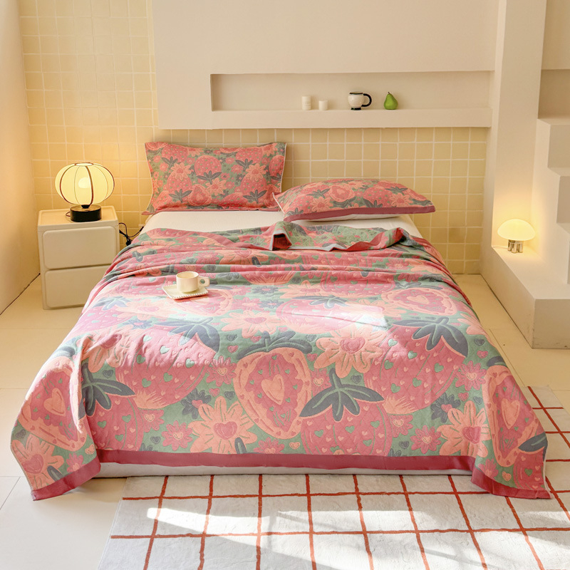 Комплект от трислоен памучен марля одеяло — 1.1–1.5 кг, 100% памук, марля плат, пасторален стил с растителен принт, реактивно печатане и боядисване