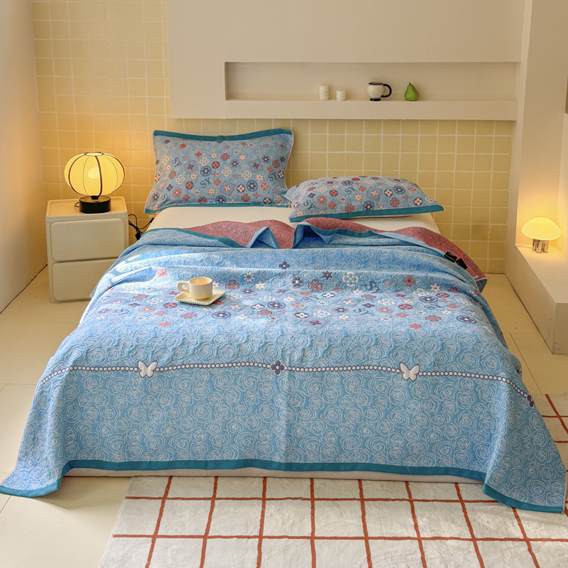 Комплект от трислоен памучен марля одеяло — 1.1–1.5 кг, 100% памук, марля плат, пасторален стил с растителен принт, реактивно печатане и боядисване