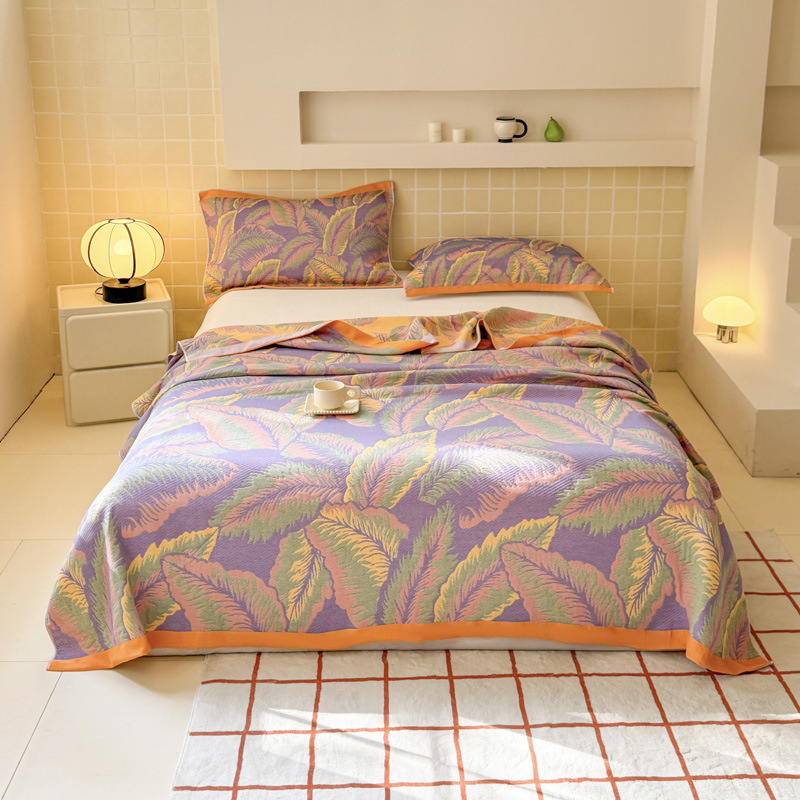 Комплект от трислоен памучен марля одеяло — 1.1–1.5 кг, 100% памук, марля плат, пасторален стил с растителен принт, реактивно печатане и боядисване