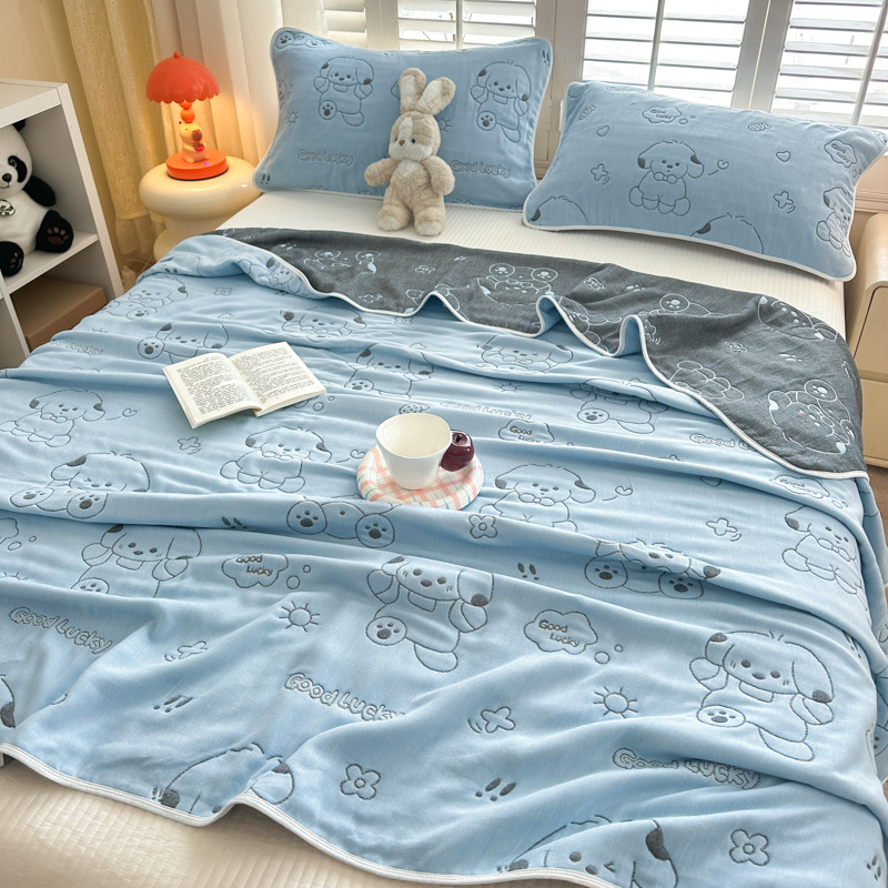 6-слоен памучен марля жакардово кърпа-одеяло, чист памук, реактивно боядисване, комплект кърпа-одеяло (2 или 3 части), модел с карикатура, пролетно-есенен