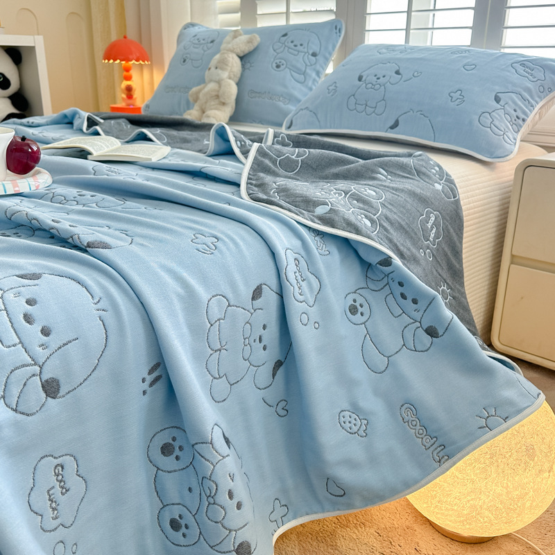 6-слоен памучен марля жакардово кърпа-одеяло, чист памук, реактивно боядисване, комплект кърпа-одеяло (2 или 3 части), модел с карикатура, пролетно-есенен