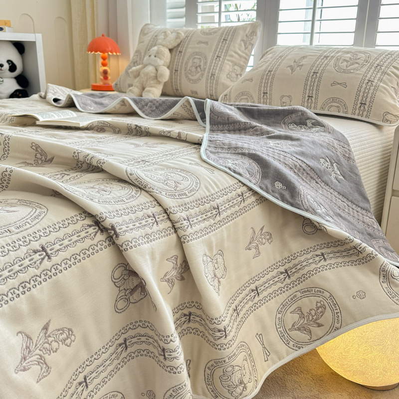 6-слоен памучен марля жакардово кърпа-одеяло, чист памук, реактивно боядисване, комплект кърпа-одеяло (2 или 3 части), модел с карикатура, пролетно-есенен