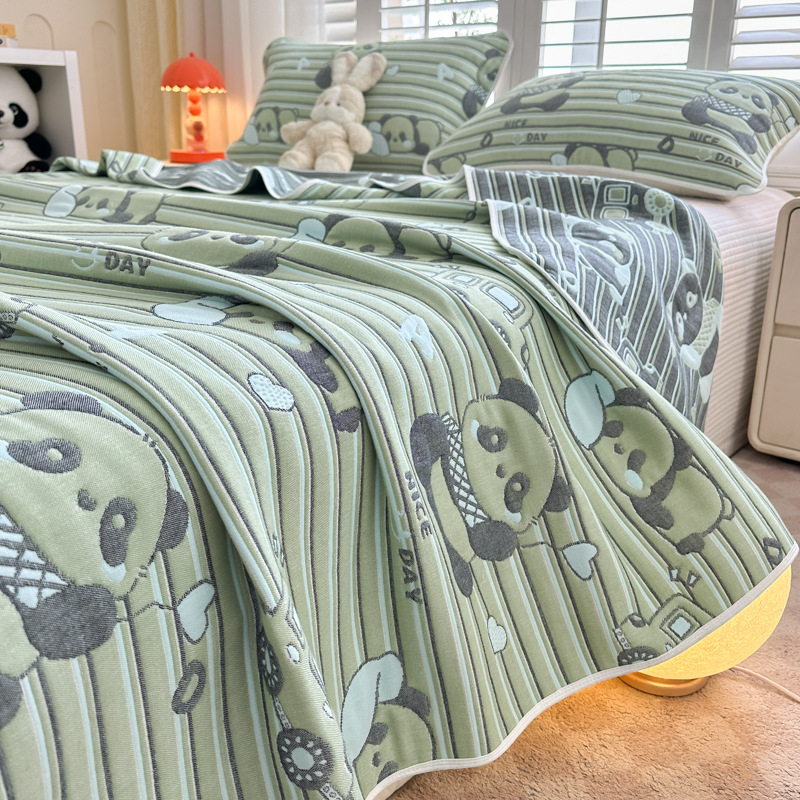 6-слоен памучен марля жакардово кърпа-одеяло, чист памук, реактивно боядисване, комплект кърпа-одеяло (2 или 3 части), модел с карикатура, пролетно-есенен