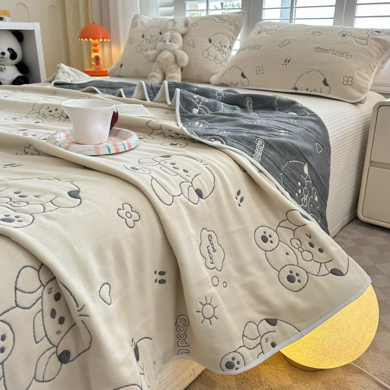 6-слоен памучен марля жакардово кърпа-одеяло, чист памук, реактивно боядисване, комплект кърпа-одеяло (2 или 3 части), модел с карикатура, пролетно-есенен