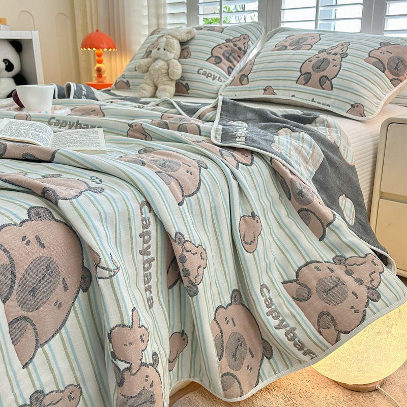 6-слоен памучен марля жакардово кърпа-одеяло, чист памук, реактивно боядисване, комплект кърпа-одеяло (2 или 3 части), модел с карикатура, пролетно-есенен