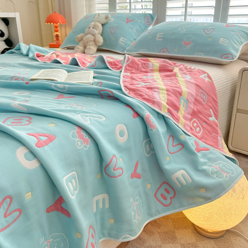 6-слоен памучен марля жакардово кърпа-одеяло, чист памук, реактивно боядисване, комплект кърпа-одеяло (2 или 3 части), модел с карикатура, пролетно-есенен