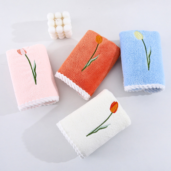 Miaoxi Prosop copii din fleece coral cu broderie tulipă – set cu prosoape medii, pentru copii și mici; 50 g; țesătură plată; absorbent