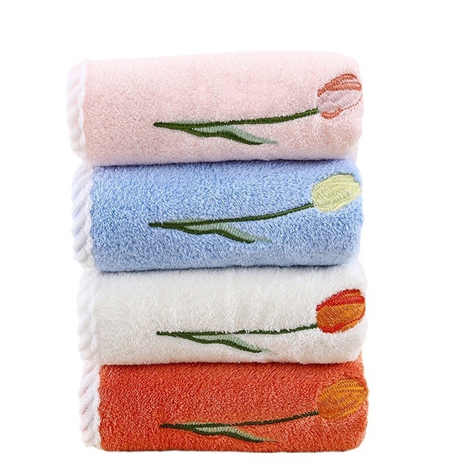 Miaoxi Prosop copii din fleece coral cu broderie tulipă – set cu prosoape medii, pentru copii și mici; 50 g; țesătură plată; absorbent