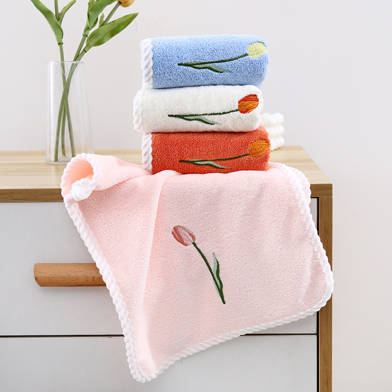 Miaoxi Prosop copii din fleece coral cu broderie tulipă – set cu prosoape medii, pentru copii și mici; 50 g; țesătură plată; absorbent