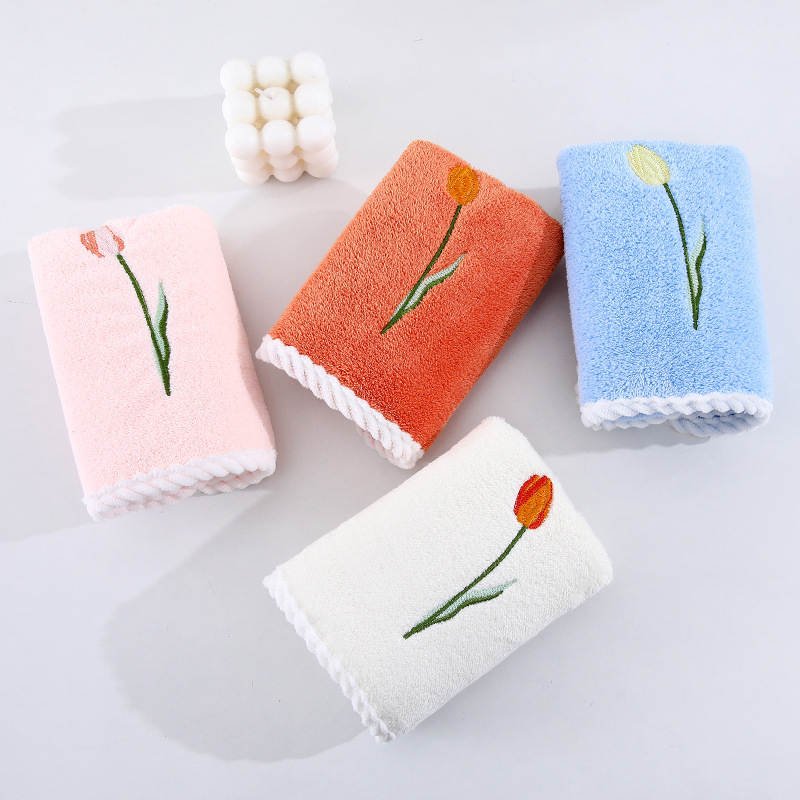 Miaoxi Prosop copii din fleece coral cu broderie tulipă – set cu prosoape medii, pentru copii și mici; 50 g; țesătură plată; absorbent