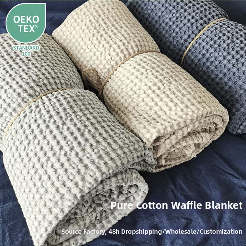 Bavlnená waffle deka s širokým lemom, severský štýl, jednofarebná, hmotnosť 300–499 g.