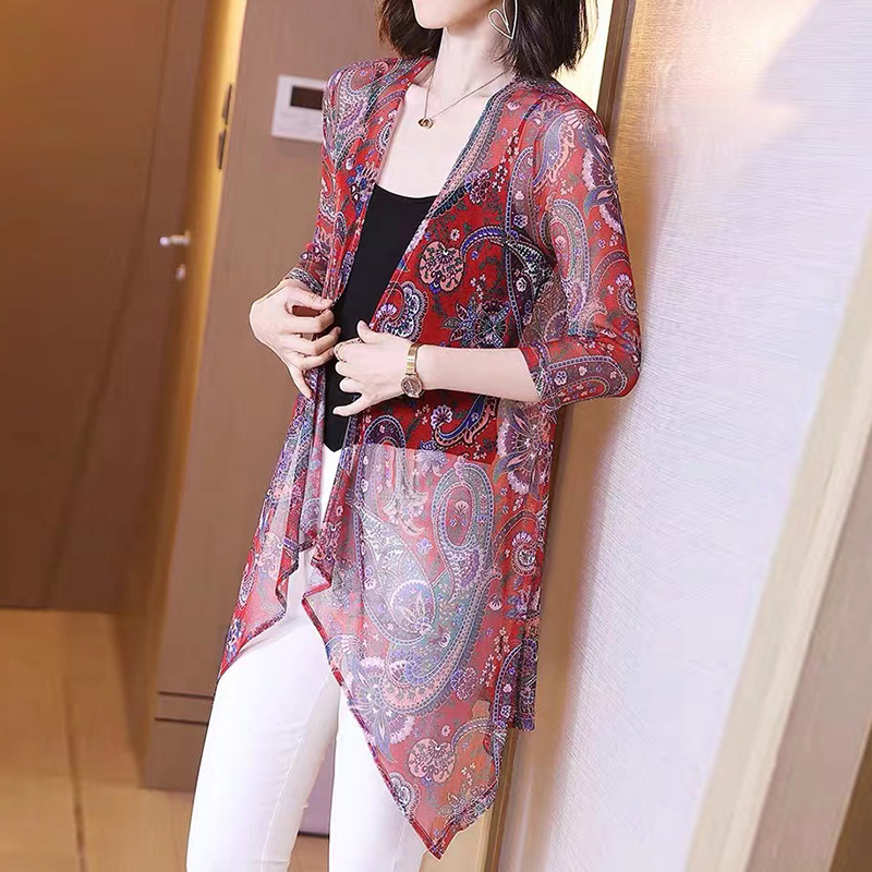 Sievietēm UV aizsargājošs viegls vidēja garuma kardigans vasarai, režģa audums, drukāts raksts, 3/4 piedurknes, UPF30+