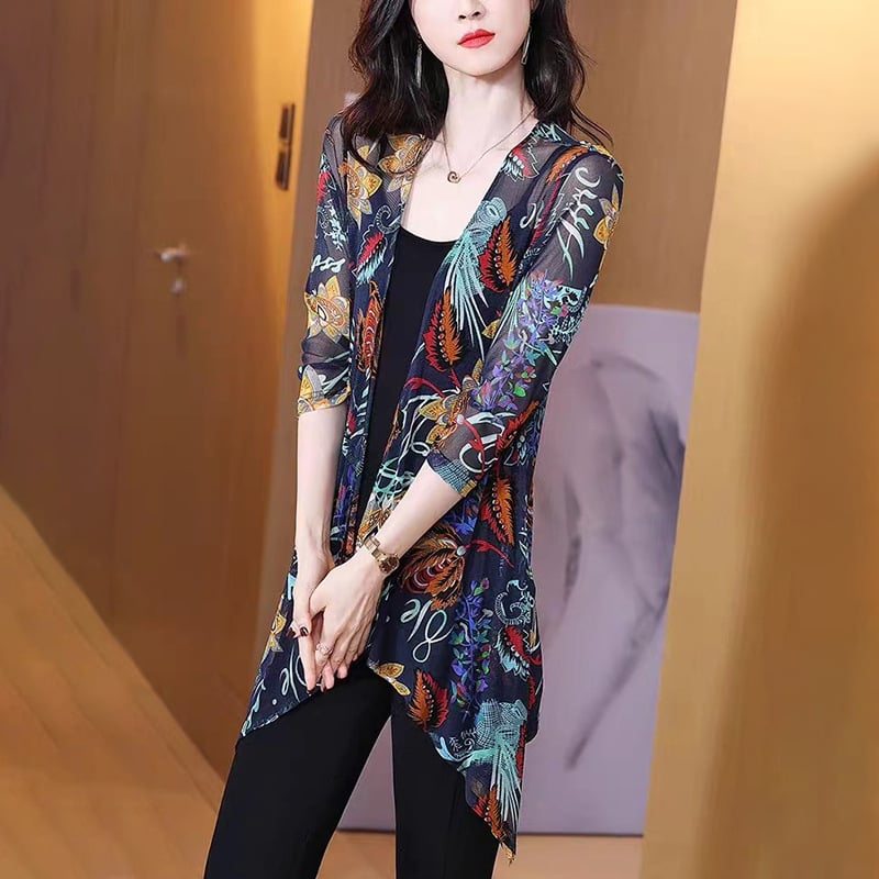Sievietēm UV aizsargājošs viegls vidēja garuma kardigans vasarai, režģa audums, drukāts raksts, 3/4 piedurknes, UPF30+