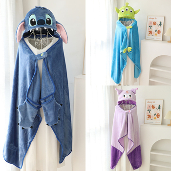 Карикатурен Stitch качулков плащ–покривало за рамене, полиестерен материал, 300–500 г, фланелено одеяло, за всички сезони
