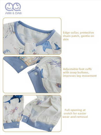 Guļammaiss zīdaiņiem 1–3 gadi: antibakteriāls materiāls no bambusa un kokvilnas gazes auduma, pildījums 100% kokvilna, atdalītas kājas, rāvējslēdzējs nālons