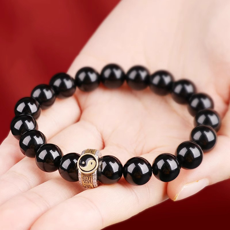 Unisex narukvica od obsidijana s mantrou od devet znakova, okrugle perle, etnički stil