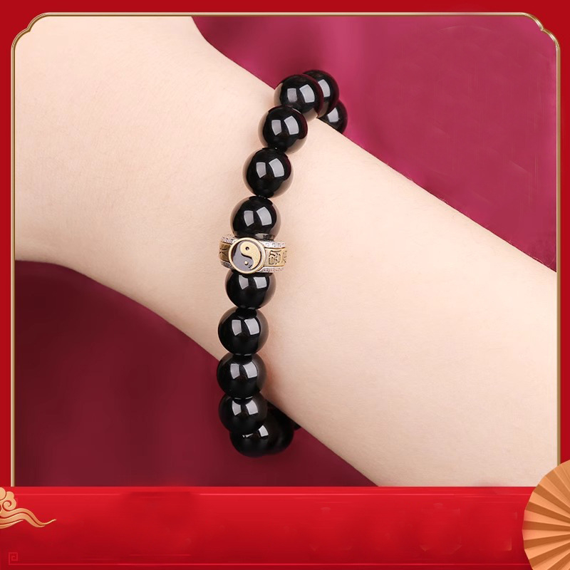 Unisex narukvica od obsidijana s mantrou od devet znakova, okrugle perle, etnički stil