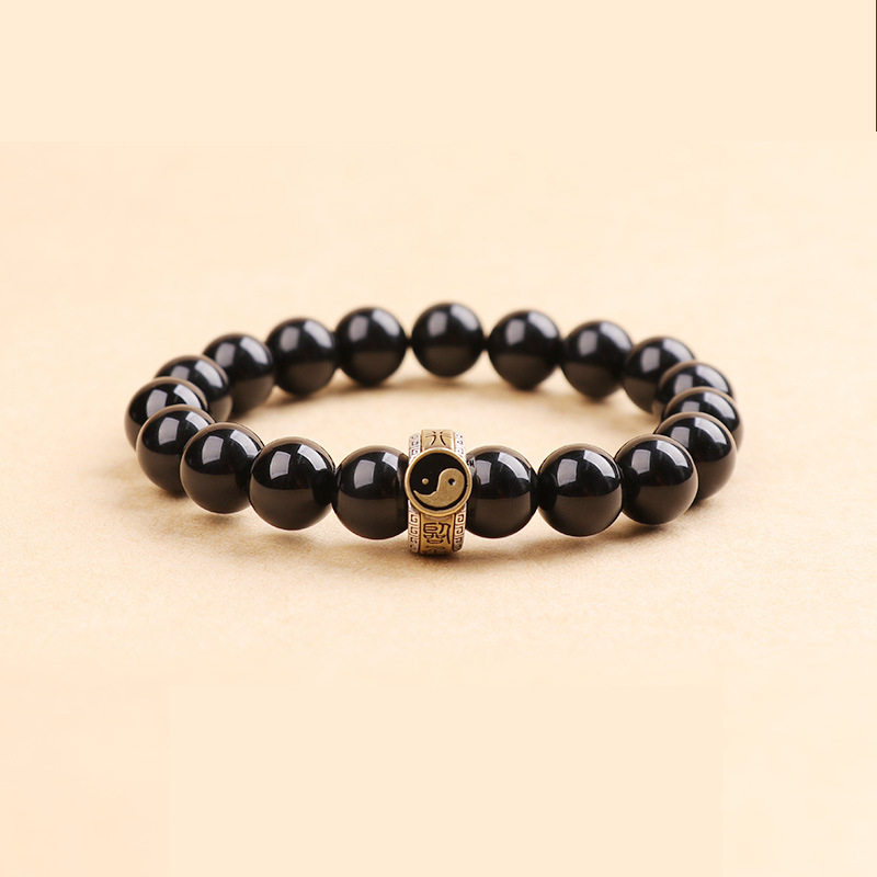 Unisex narukvica od obsidijana s mantrou od devet znakova, okrugle perle, etnički stil