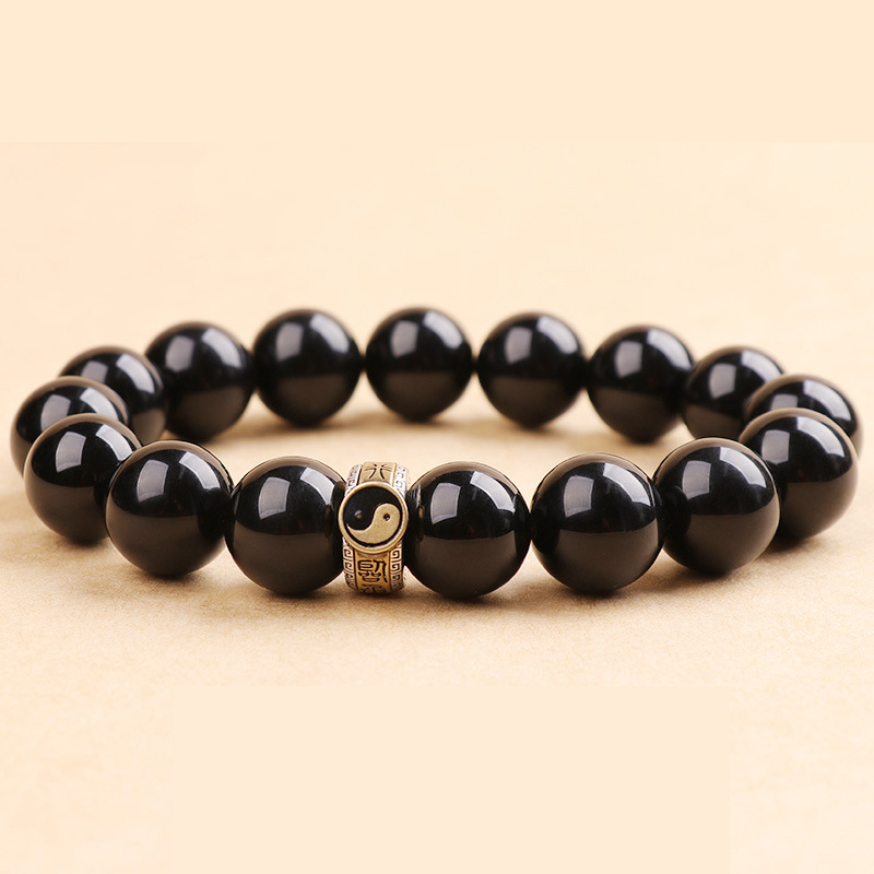 Unisex narukvica od obsidijana s mantrou od devet znakova, okrugle perle, etnički stil