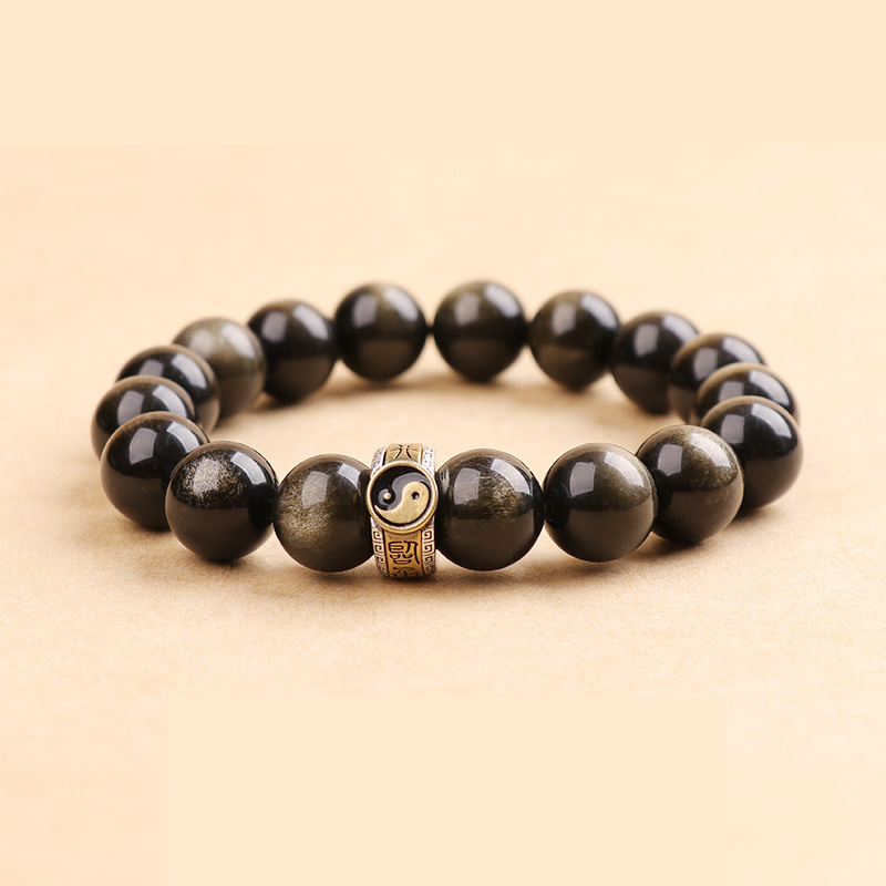 Unisex narukvica od obsidijana s mantrou od devet znakova, okrugle perle, etnički stil