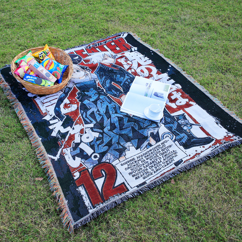 Deka u anime stilu s resicama, pletena, prilagodljiva slika, Silver Frost, poliester-pamuk smjesa, 1000–1499 g, cartoon uzorak