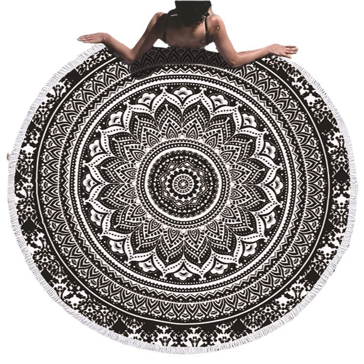 Okrugli mikrofiber plažni ručnik s resicama, Mandala serija
