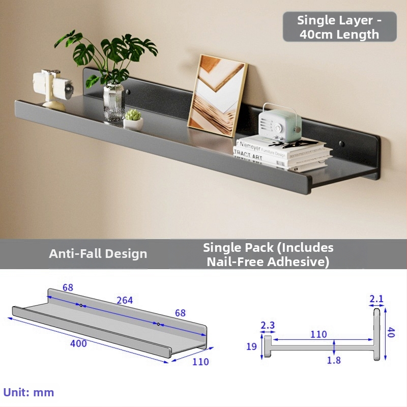 Falra szerelhető polc space alumíniumból, négyszögletes, 1 réteg, sütőfesték felület, fúrás nélküli szerelés