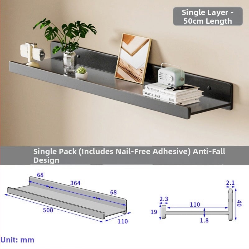 Falra szerelhető polc space alumíniumból, négyszögletes, 1 réteg, sütőfesték felület, fúrás nélküli szerelés