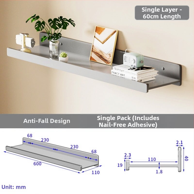 Falra szerelhető polc space alumíniumból, négyszögletes, 1 réteg, sütőfesték felület, fúrás nélküli szerelés