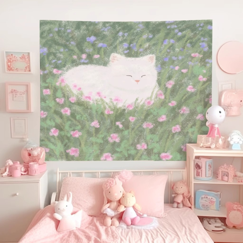 Гоблен за стена с мотив котка и куче, плюшена материя, 100% полиестер, машинно пране, готов продукт, подходящ за всекидневна, спалня и детска стая