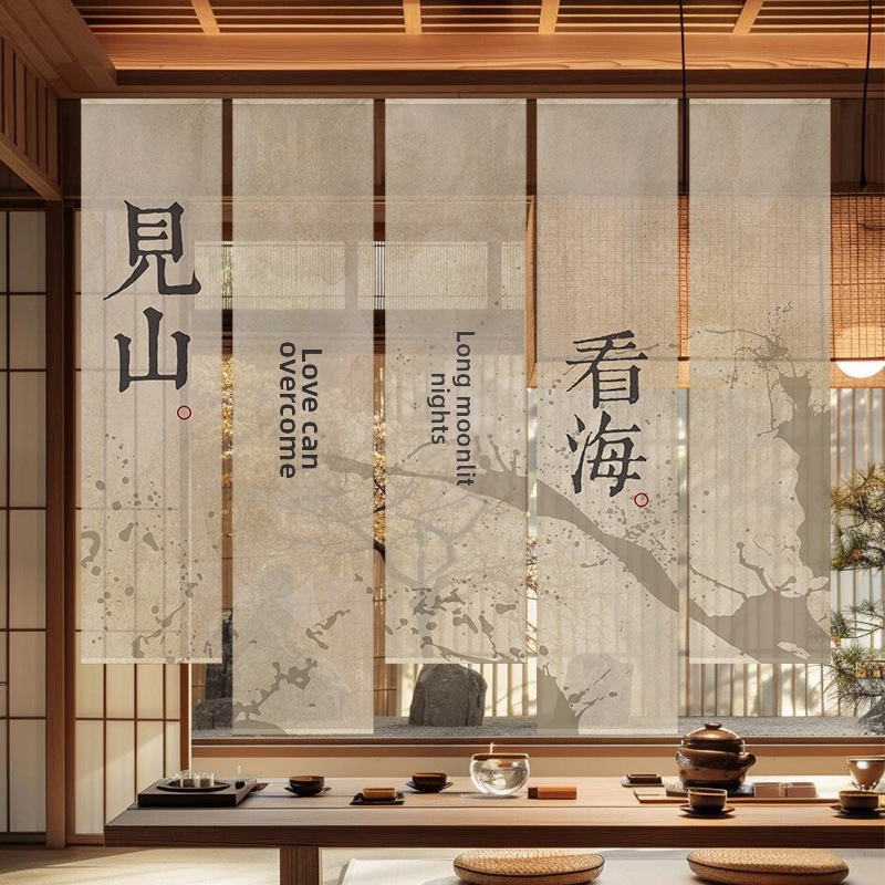 Гоблен завеса за чайна стая, нов китайски стил, полиестерна полупрозрачна тъкан, растителен принт, правоъгълна форма, дигитален термотрансферен печат