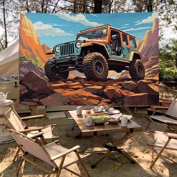 Гоблен за фон - Американски ретро Jeep за къмпинг на открито, правоъгълна форма, пейзажен модел; плюш, 100% полиестер, машинно тъкане
