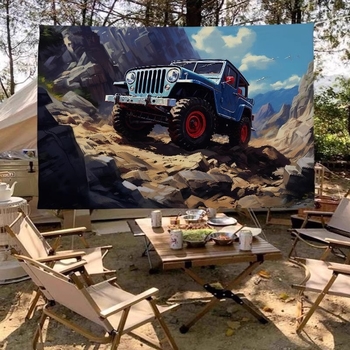 Гоблен за фон - Американски ретро Jeep за къмпинг на открито, правоъгълна форма, пейзажен модел; плюш, 100% полиестер, машинно тъкане