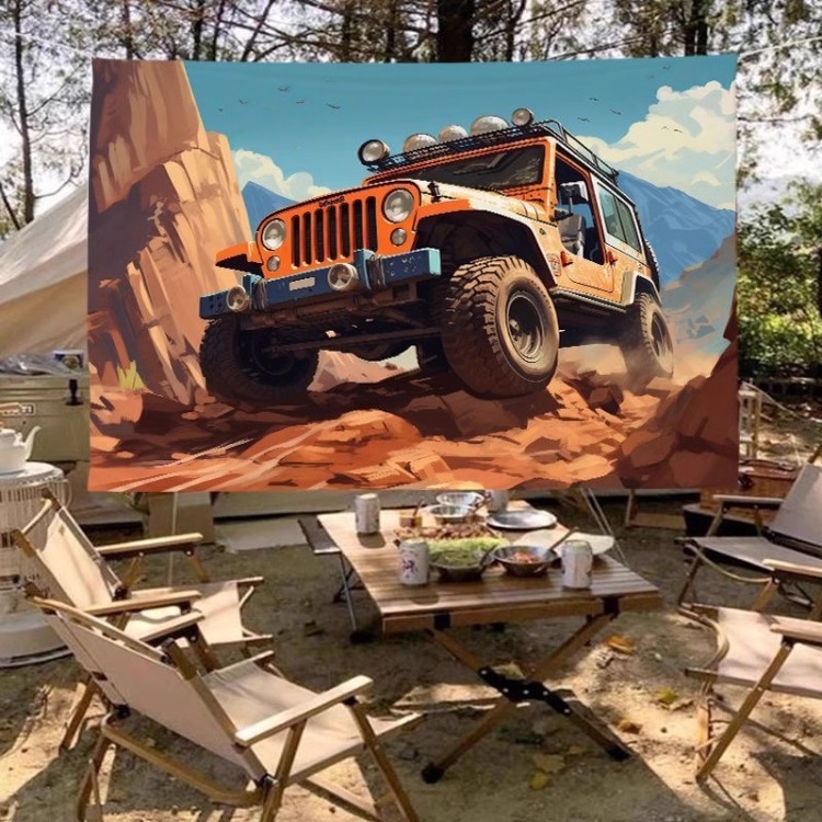 Гоблен за фон - Американски ретро Jeep за къмпинг на открито, правоъгълна форма, пейзажен модел; плюш, 100% полиестер, машинно тъкане