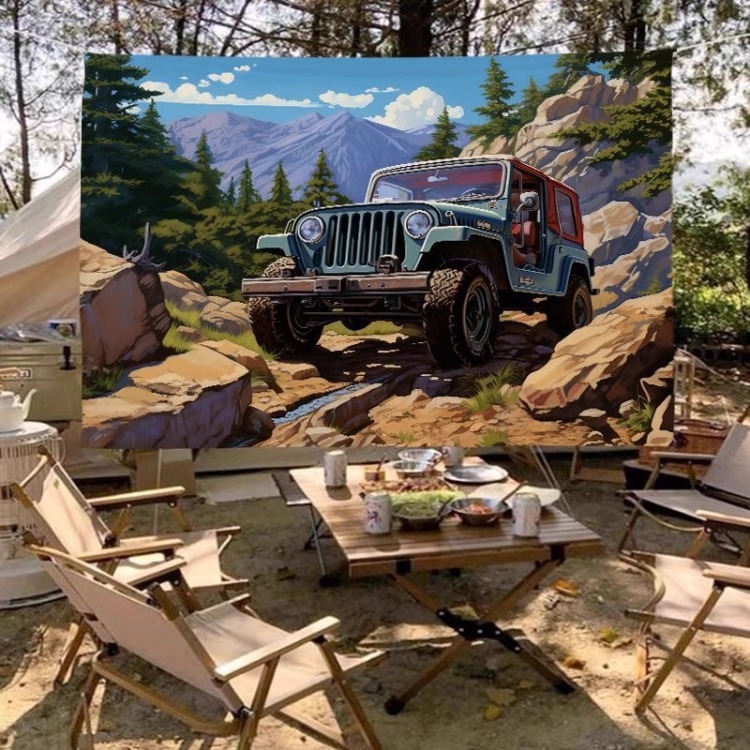 Гоблен за фон - Американски ретро Jeep за къмпинг на открито, правоъгълна форма, пейзажен модел; плюш, 100% полиестер, машинно тъкане