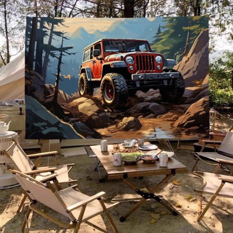 Гоблен за фон - Американски ретро Jeep за къмпинг на открито, правоъгълна форма, пейзажен модел; плюш, 100% полиестер, машинно тъкане