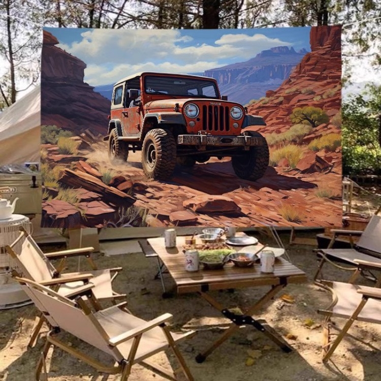 Гоблен за фон - Американски ретро Jeep за къмпинг на открито, правоъгълна форма, пейзажен модел; плюш, 100% полиестер, машинно тъкане