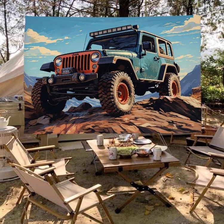 Гоблен за фон - Американски ретро Jeep за къмпинг на открито, правоъгълна форма, пейзажен модел; плюш, 100% полиестер, машинно тъкане