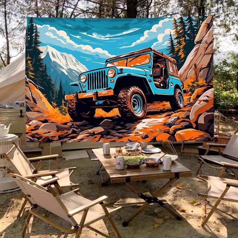 Гоблен за фон - Американски ретро Jeep за къмпинг на открито, правоъгълна форма, пейзажен модел; плюш, 100% полиестер, машинно тъкане