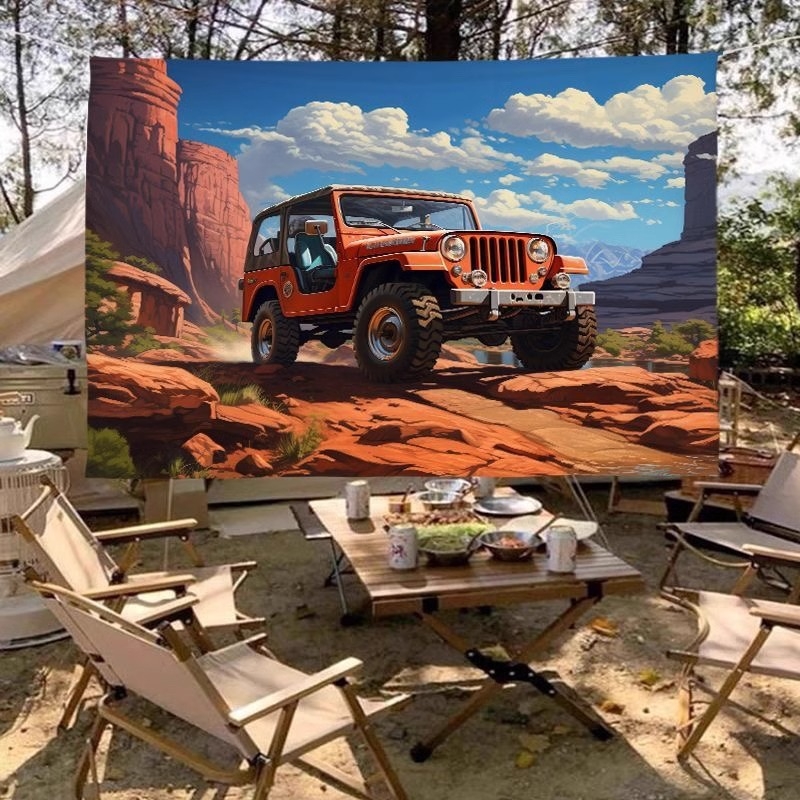 Гоблен за фон - Американски ретро Jeep за къмпинг на открито, правоъгълна форма, пейзажен модел; плюш, 100% полиестер, машинно тъкане