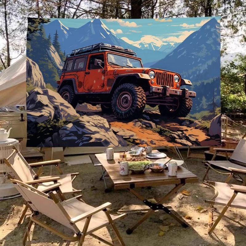 Гоблен за фон - Американски ретро Jeep за къмпинг на открито, правоъгълна форма, пейзажен модел; плюш, 100% полиестер, машинно тъкане