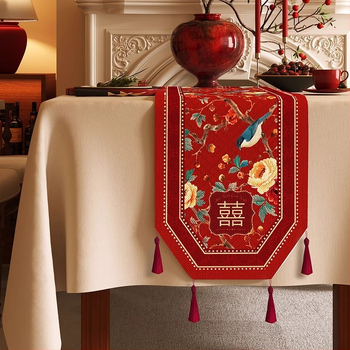 Vjenčana stolna zastavica s veselim uzorkom, vodootporna tkanina s konopnim izgledom, prilagodljivi pokrov za TV stojak, komoda s ladicama i osmerokutni kavos stol