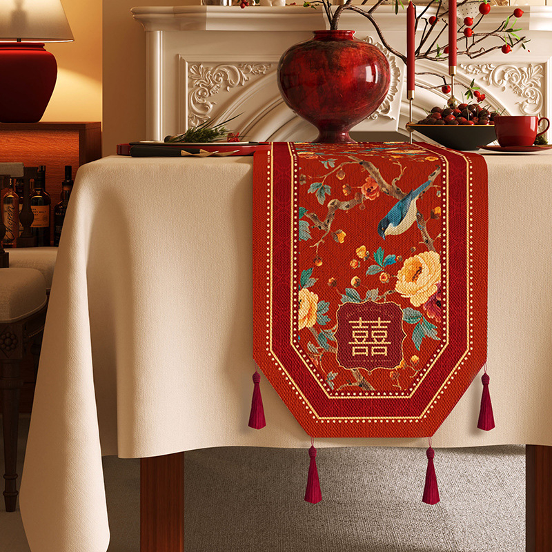 Vjenčana stolna zastavica s veselim uzorkom, vodootporna tkanina s konopnim izgledom, prilagodljivi pokrov za TV stojak, komoda s ladicama i osmerokutni kavos stol